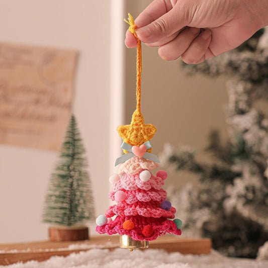 2 Pcs Style A Yellow and Pink Handmade Crochet Christmas Tree Ornament - Festive Hanging Decoration with Jingle Bell - casaculinary