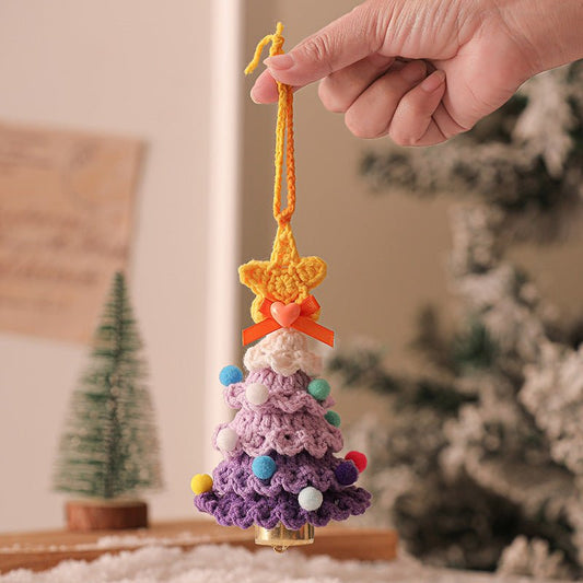 2 Pcs Style B Yellow and Purple Handmade Crochet Christmas Tree Ornament - Festive Hanging Decoration with Jingle Bell - casaculinary