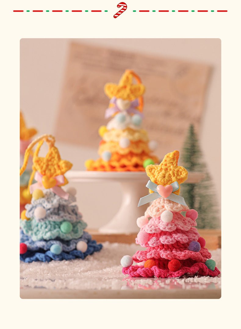 2 Pcs Style C Yellow and Green Handmade Crochet Christmas Tree Ornament - Festive Hanging Decoration with Jingle Bell - casaculinary