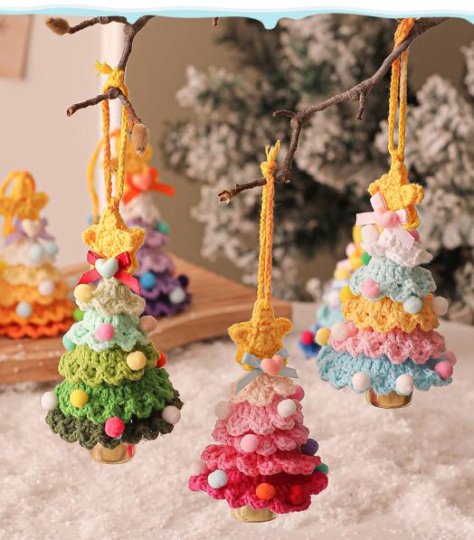 2 Pcs Style C Yellow and Green Handmade Crochet Christmas Tree Ornament - Festive Hanging Decoration with Jingle Bell - casaculinary