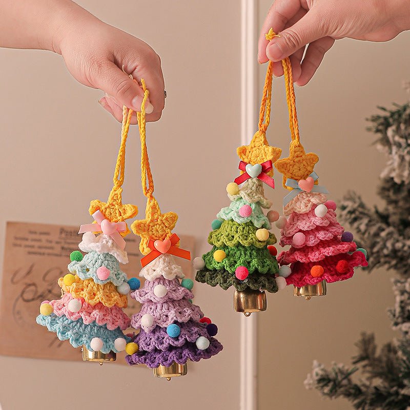 2 Pcs Style C Yellow and Green Handmade Crochet Christmas Tree Ornament - Festive Hanging Decoration with Jingle Bell - casaculinary