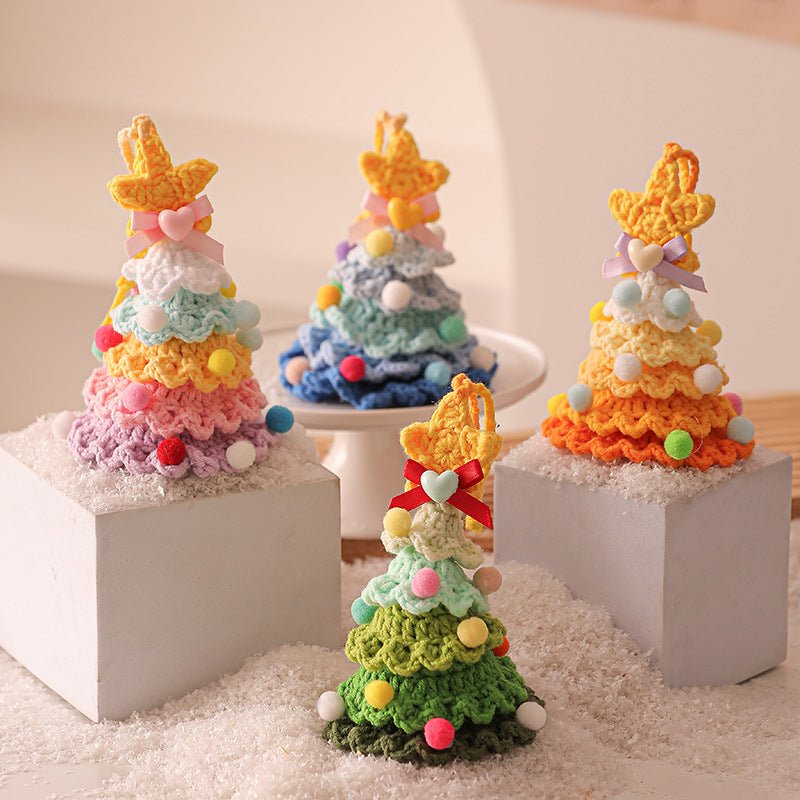2 Pcs Style C Yellow and Green Handmade Crochet Christmas Tree Ornament - Festive Hanging Decoration with Jingle Bell - casaculinary