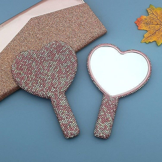 2PCS Pink - white Glamorous Diamond - Encrusted Heart Handheld Mirror - Luxe High - Definition Makeup Essential - casaculinary