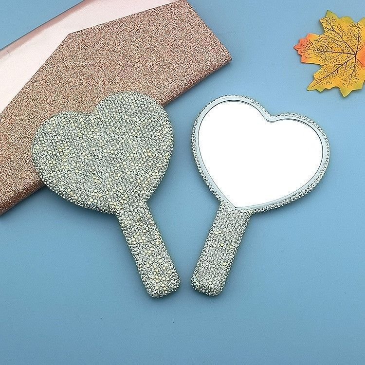 2PCS White Glamorous Diamond - Encrusted Heart Handheld Mirror - Luxe High - Definition Makeup Essential - casaculinary