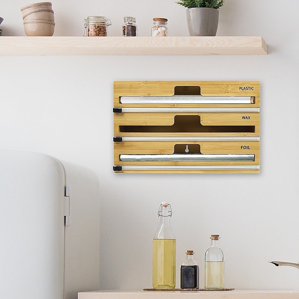 3 Grids Bamboo Food Wrap Dispenser for Kitchen