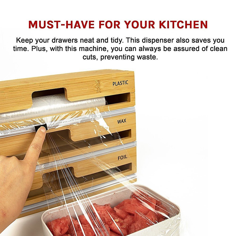 3 Grids Bamboo Food Wrap Dispenser for Kitchen