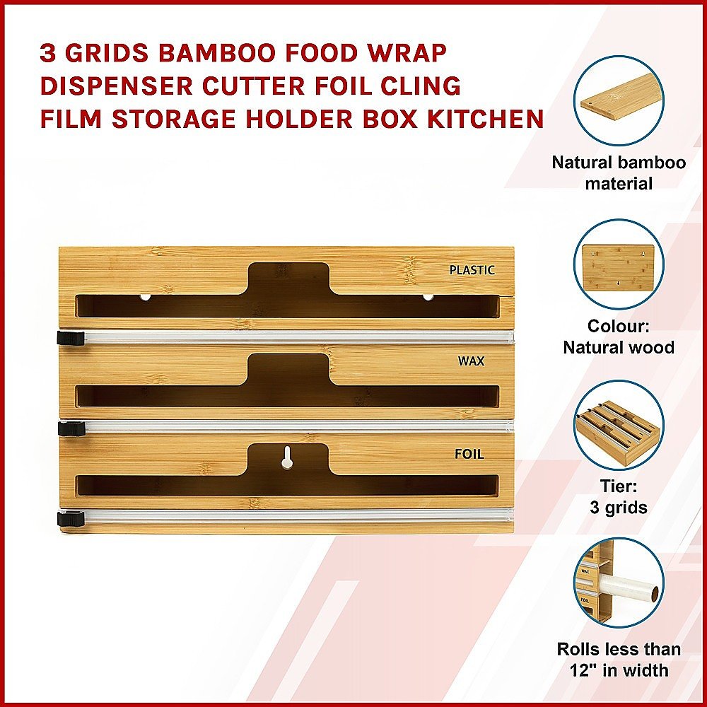 3 Grids Bamboo Food Wrap Dispenser for Kitchen