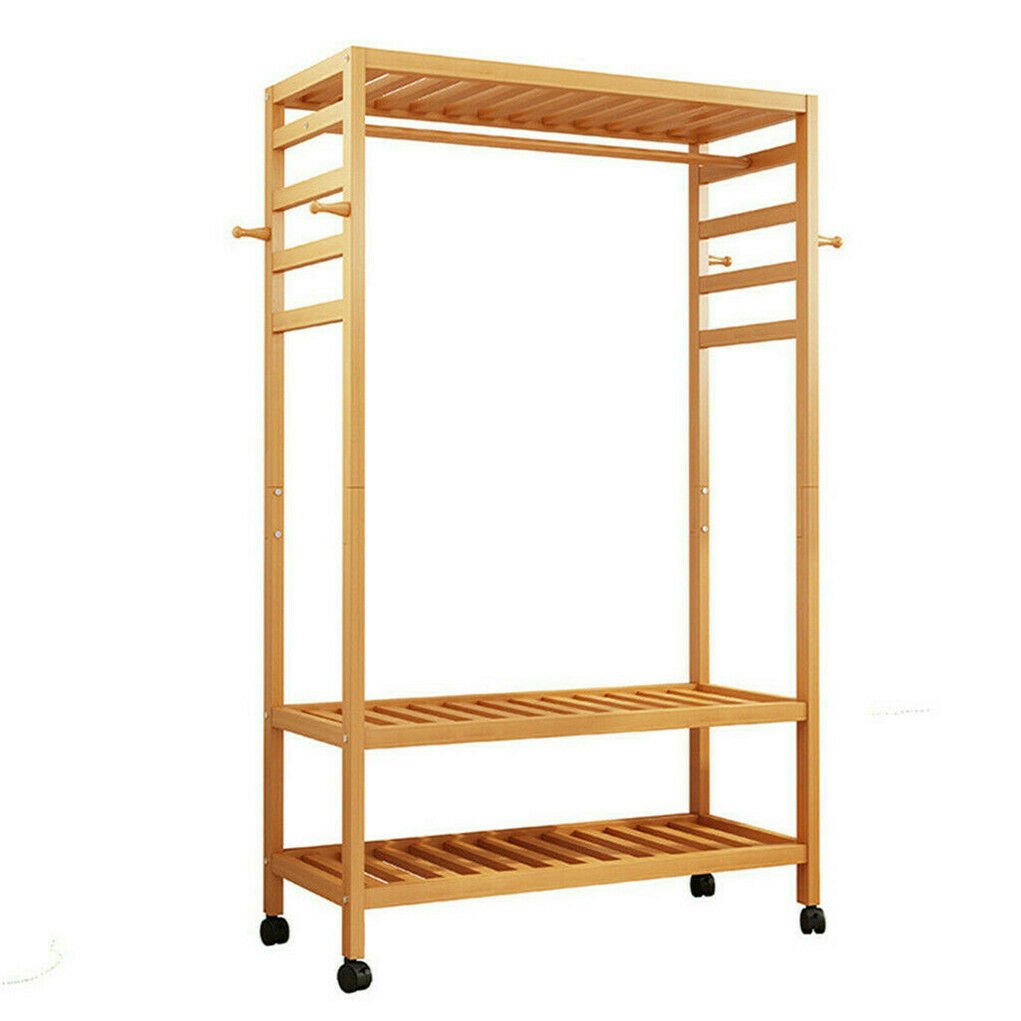 3 - Tier Wooden Clothes Rack Rolling Garment Stand w/ Hooks - casaculinary