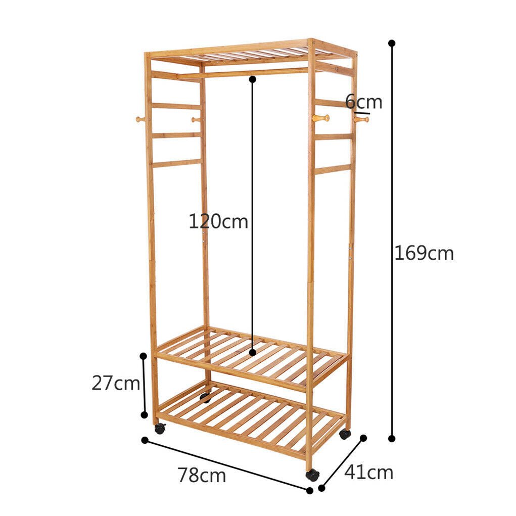 3 - Tier Wooden Clothes Rack Rolling Garment Stand w/ Hooks - casaculinary