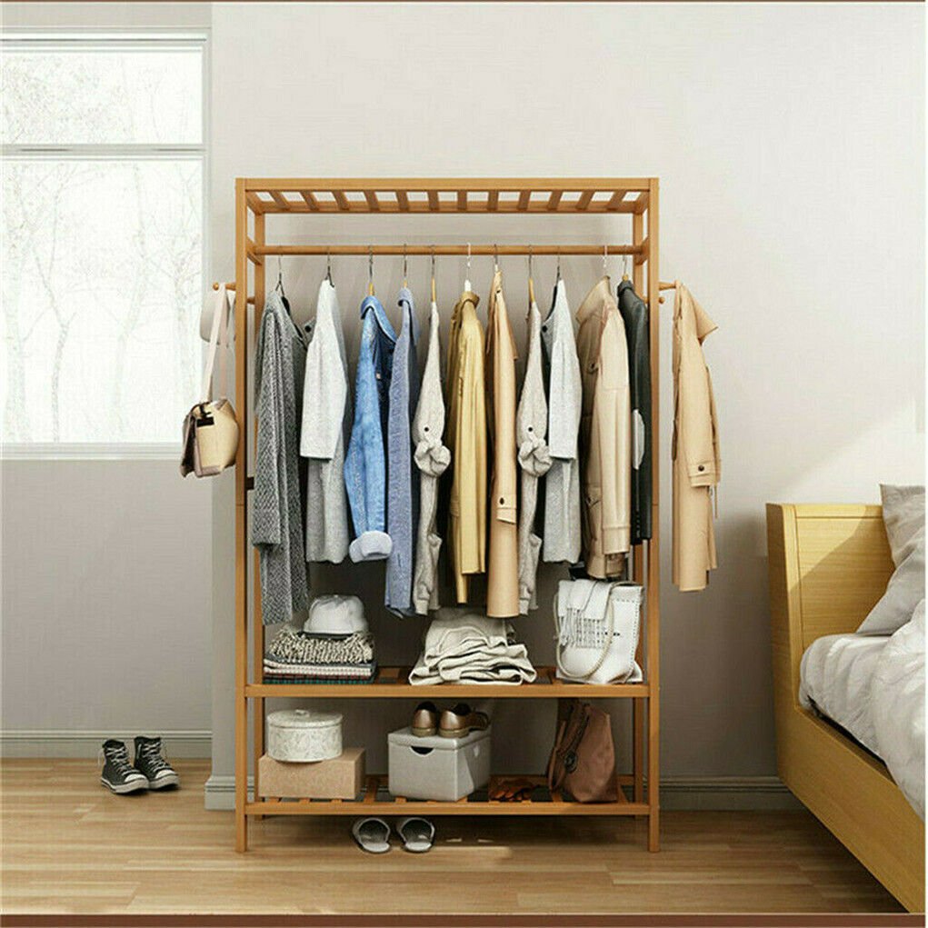 3 - Tier Wooden Clothes Rack Rolling Garment Stand w/ Hooks - casaculinary