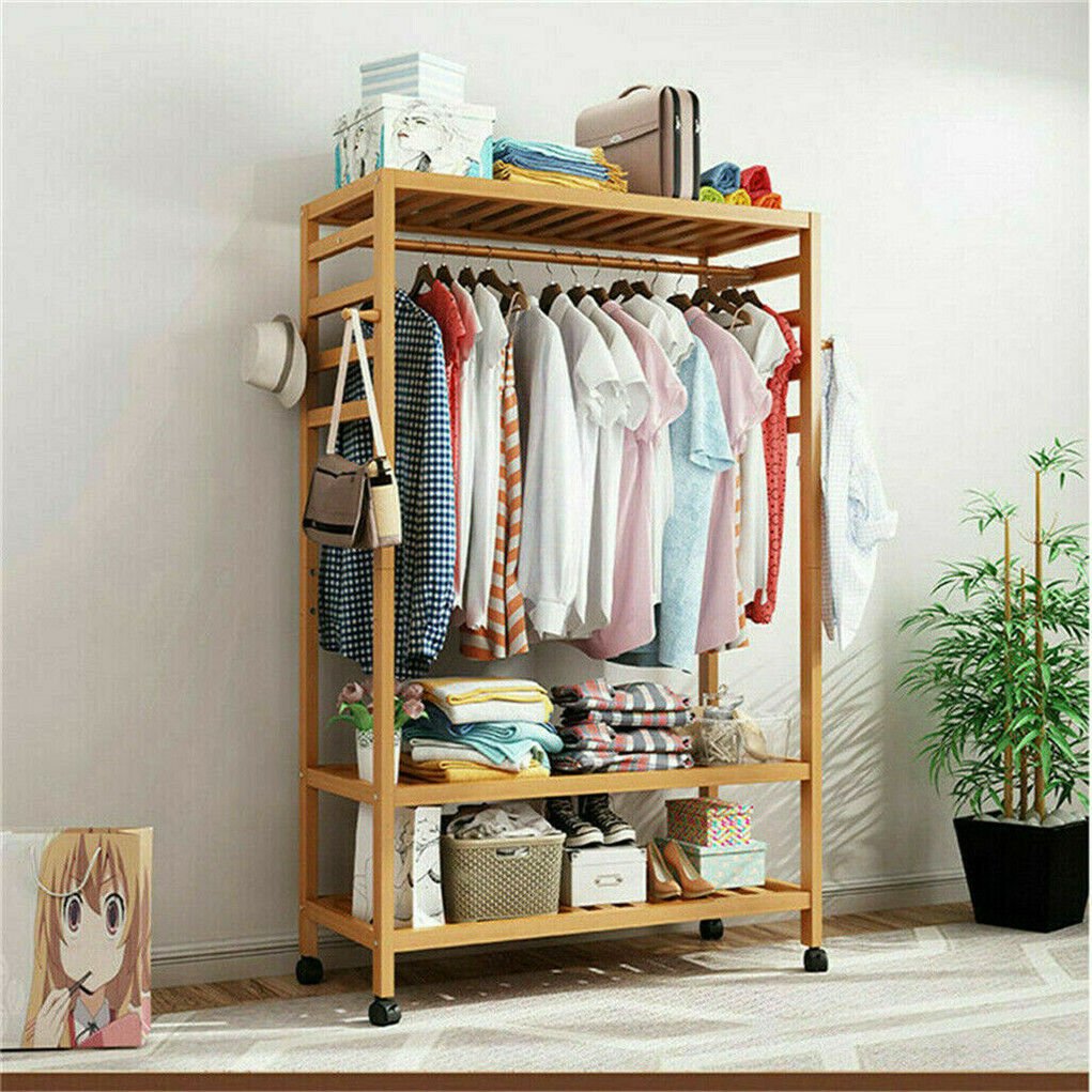 3 - Tier Wooden Clothes Rack Rolling Garment Stand w/ Hooks - casaculinary