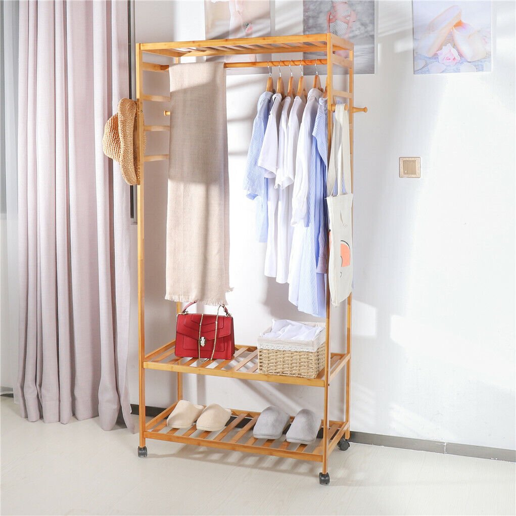 3 - Tier Wooden Clothes Rack Rolling Garment Stand w/ Hooks - casaculinary