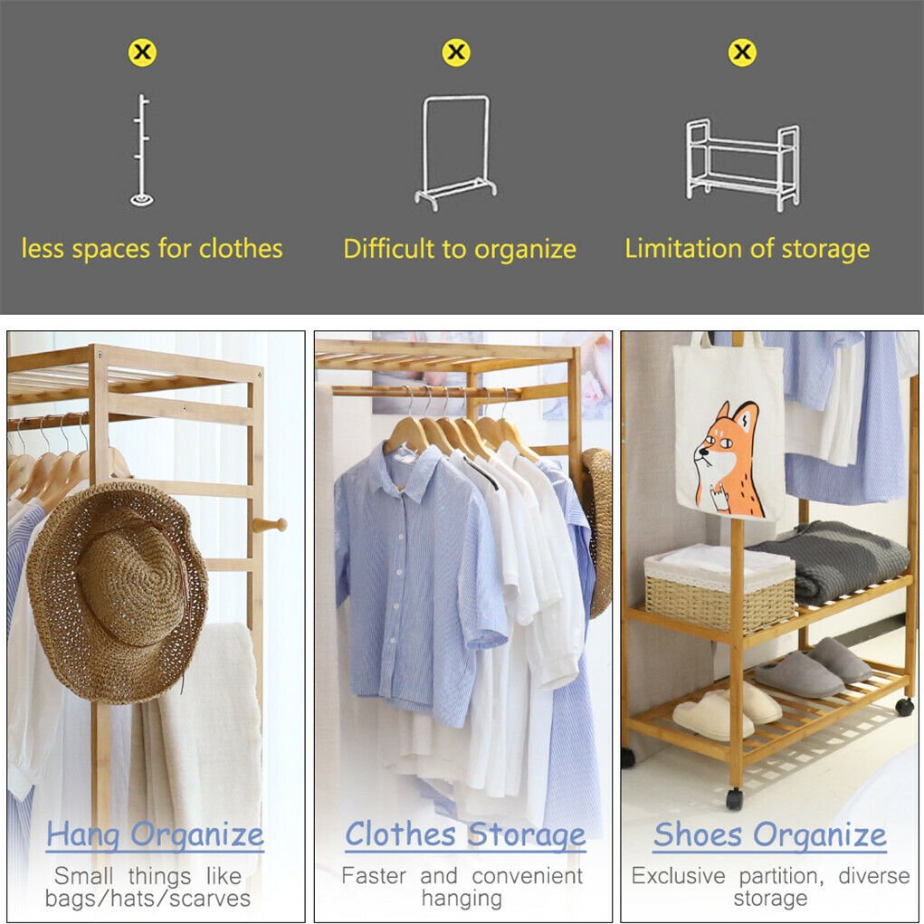 3 - Tier Wooden Clothes Rack Rolling Garment Stand w/ Hooks - casaculinary