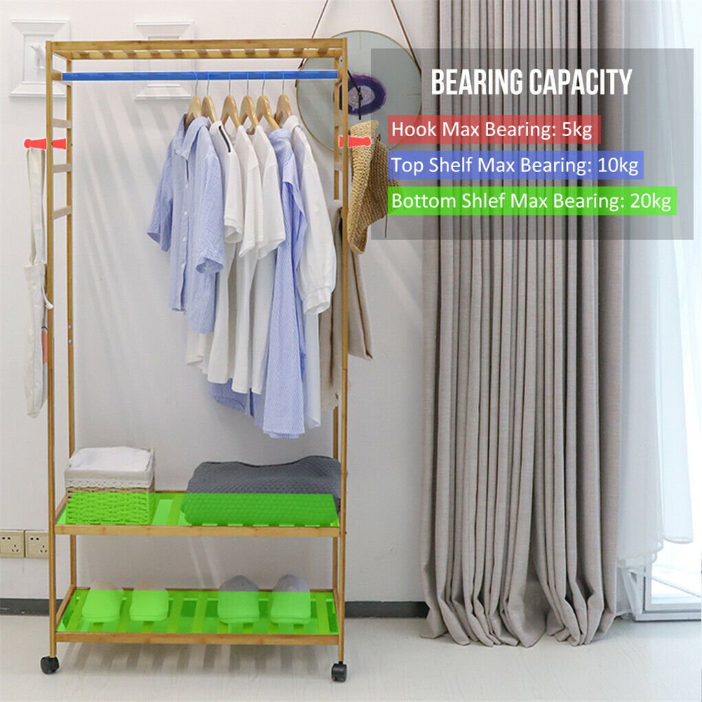 3 - Tier Wooden Clothes Rack Rolling Garment Stand w/ Hooks - casaculinary