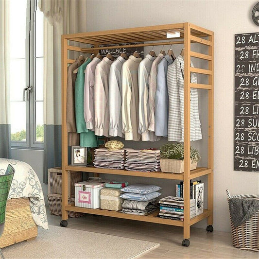 3 - Tier Wooden Clothes Rack Rolling Garment Stand w/ Hooks - casaculinary