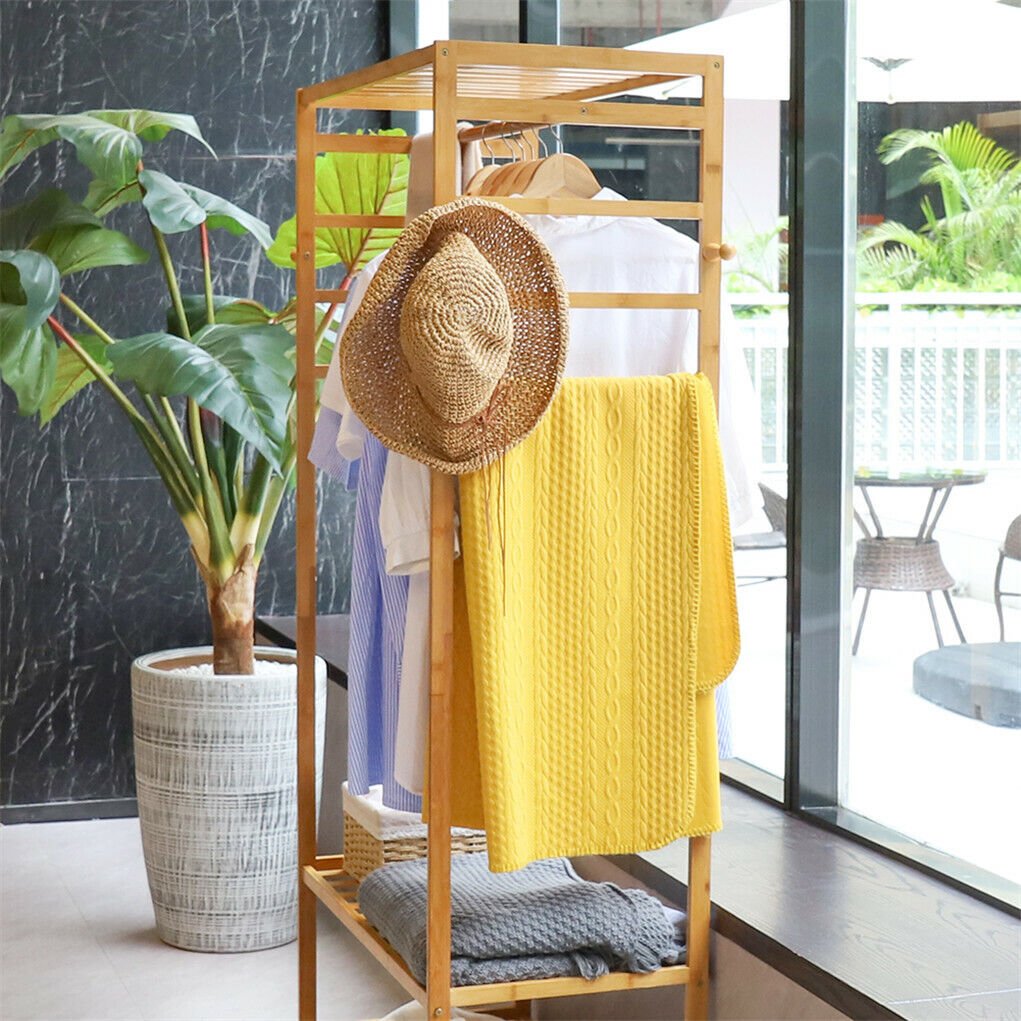 3 - Tier Wooden Clothes Rack Rolling Garment Stand w/ Hooks - casaculinary