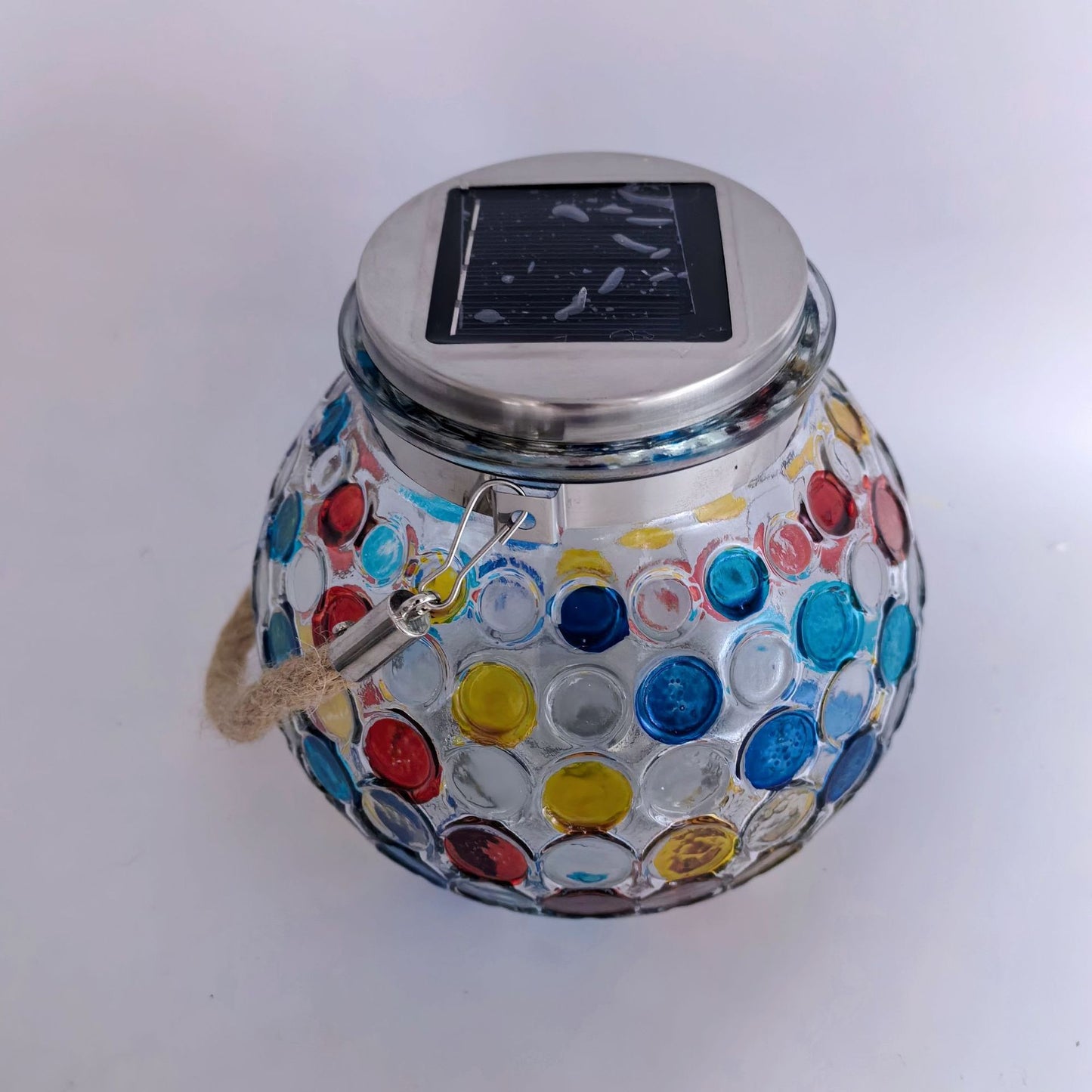 Colorful White Light Mosaic Solar Lantern - Decorative Stained Glass Jar Light for Garden Patio and Tabletop Decor
