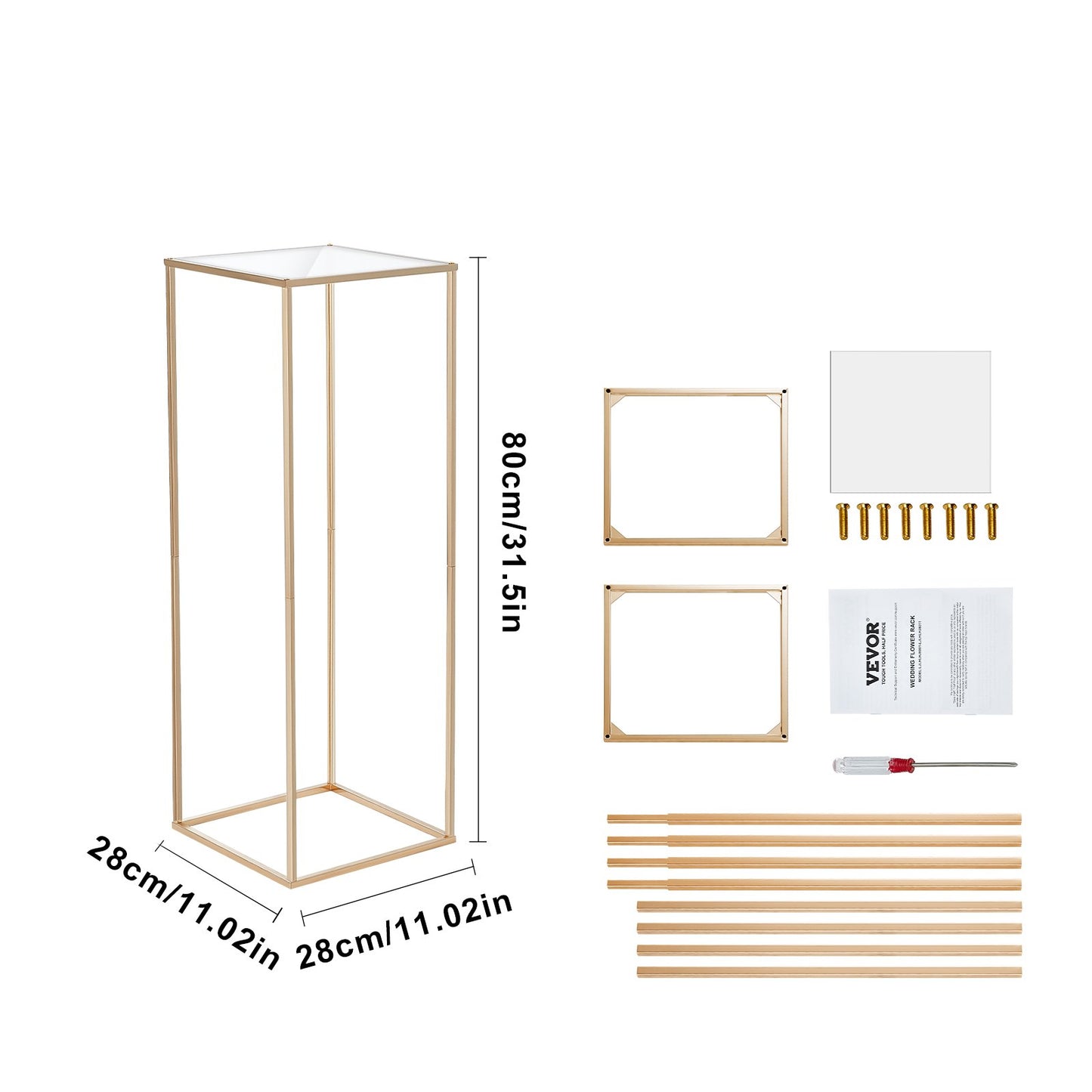 VEVOR 10PCS 31.5inch/80cm High Wedding Flower Stand, With Acrylic Laminate,Metal Vase Column Geometric Centerpiece Stands, Gold Rectangular Floral Display Rack for Events Reception, Party Decoration