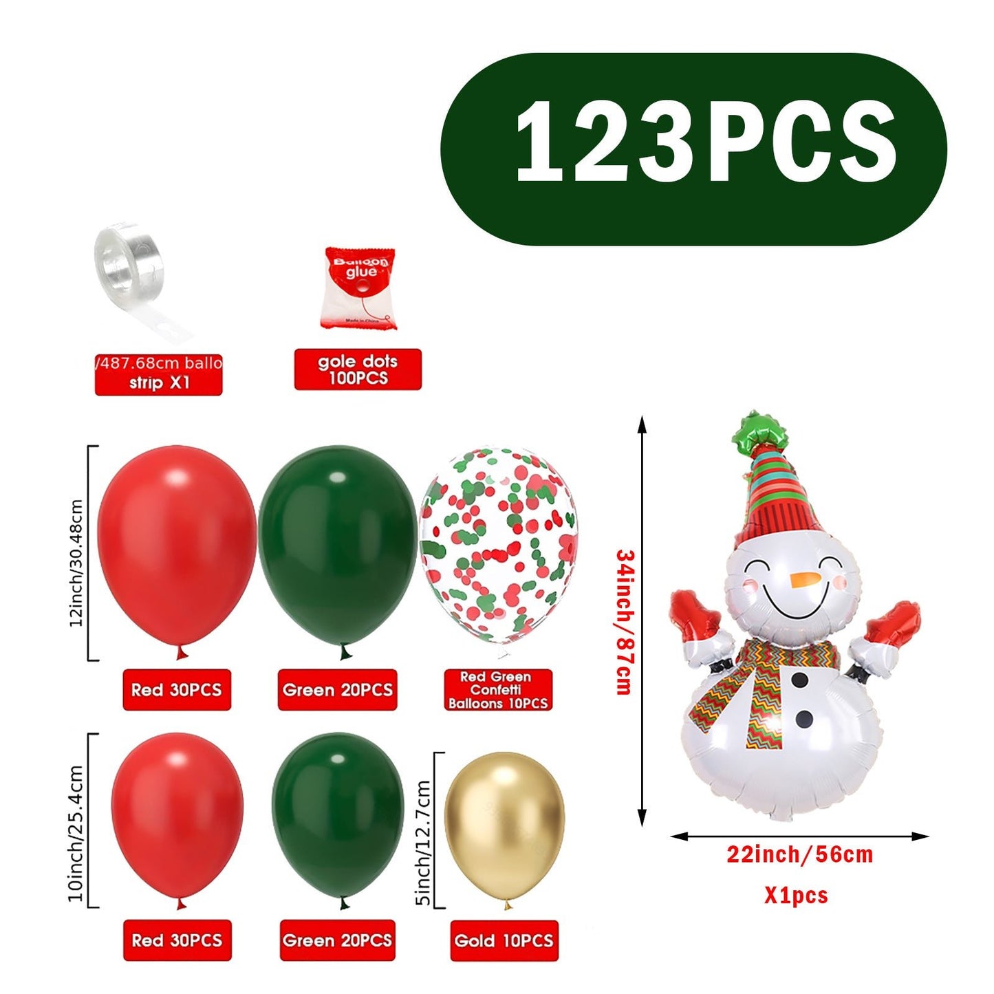 Christmas Balloon Arch Kit 123PCS - Red Green Gold Xmas Balloons with Snowman Foil - casaculinary