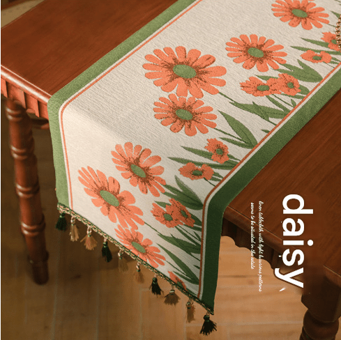 Daisy American Retro Jacquard Embroidered Table Runner - Light Luxury Table Mat 30cm x 180cm with Tassels - casaculinary