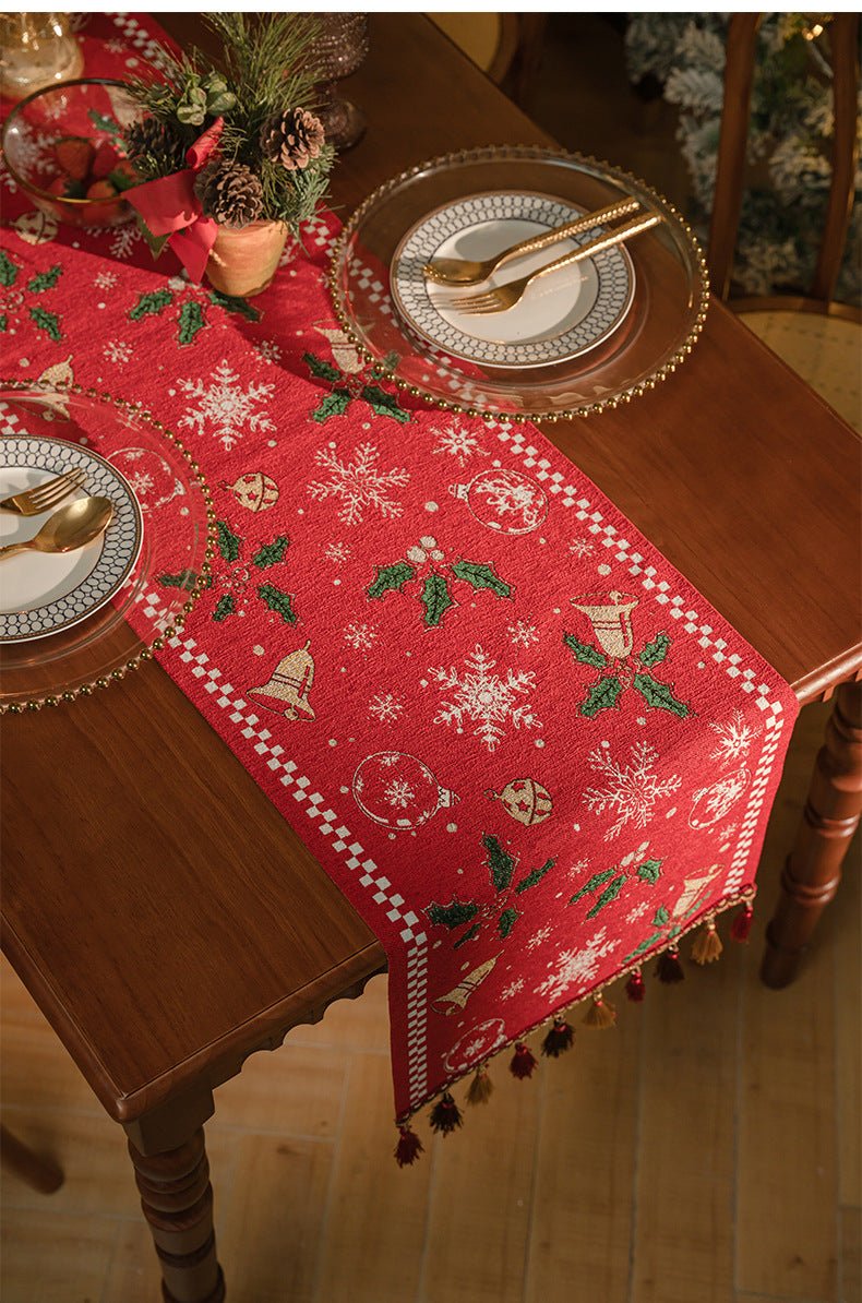 Red Christmas Table Runner with Tassels - Festive Snowflake & Bell Print (35*180cm) - casaculinary