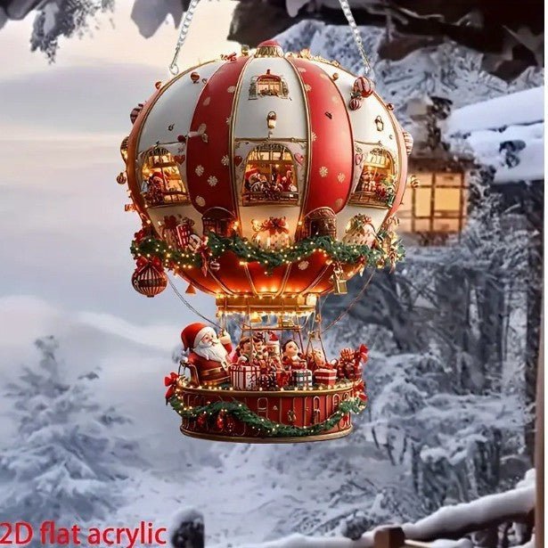 Red Whimsical Santa's Hot Air Balloon Ornament - 2D Flat Acrylic Hanging Decoration for Wall & Tree - casaculinary