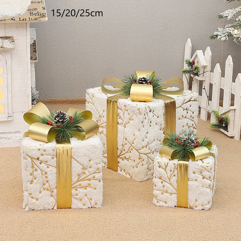 Set of 3 Elegant Christmas Gift Boxes with Gold Ribbon & Pine Accents,without lights - Perfect Indoor Holiday Decoration (15/20/25cm) - casaculinary