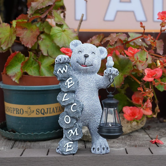 Solar - Powered Welcome Bear Statue with LED Lantern - Outdoor Garden & Patio Decor - casaculinary