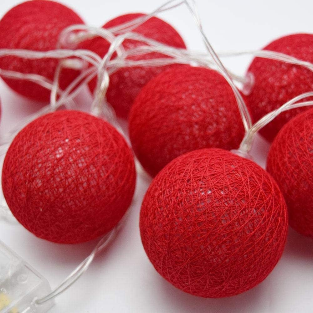 1 Set of 20 LED Red 5cm Cotton Ball Battery Powered String Lights Christmas Gift Home Wedding Party Bedroom Decoration Outdoor Indoor Table Centrepiece 