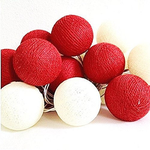 1 Set of 20 LED Red White 5cm Cotton Ball Battery String Lights Christmas Gift Home Wedding Party Bedroom Decoration Outdoor Indoor Table Centrepiece 