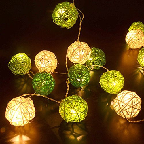 1 Set of Green n White 5cm Rattan Cane 20 Ball Battery Powered 3m String Lights Christmas Gift Home Wedding Party Bedroom Decoration Table Centrepiece - casaculinary