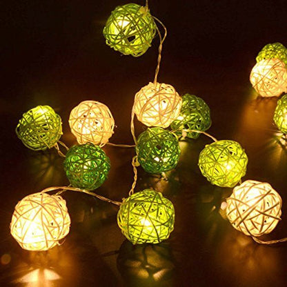 1 Set of Green n White 5cm Rattan Cane 20 Ball Battery Powered 3m String Lights Christmas Gift Home Wedding Party Bedroom Decoration Table Centrepiece - casaculinary