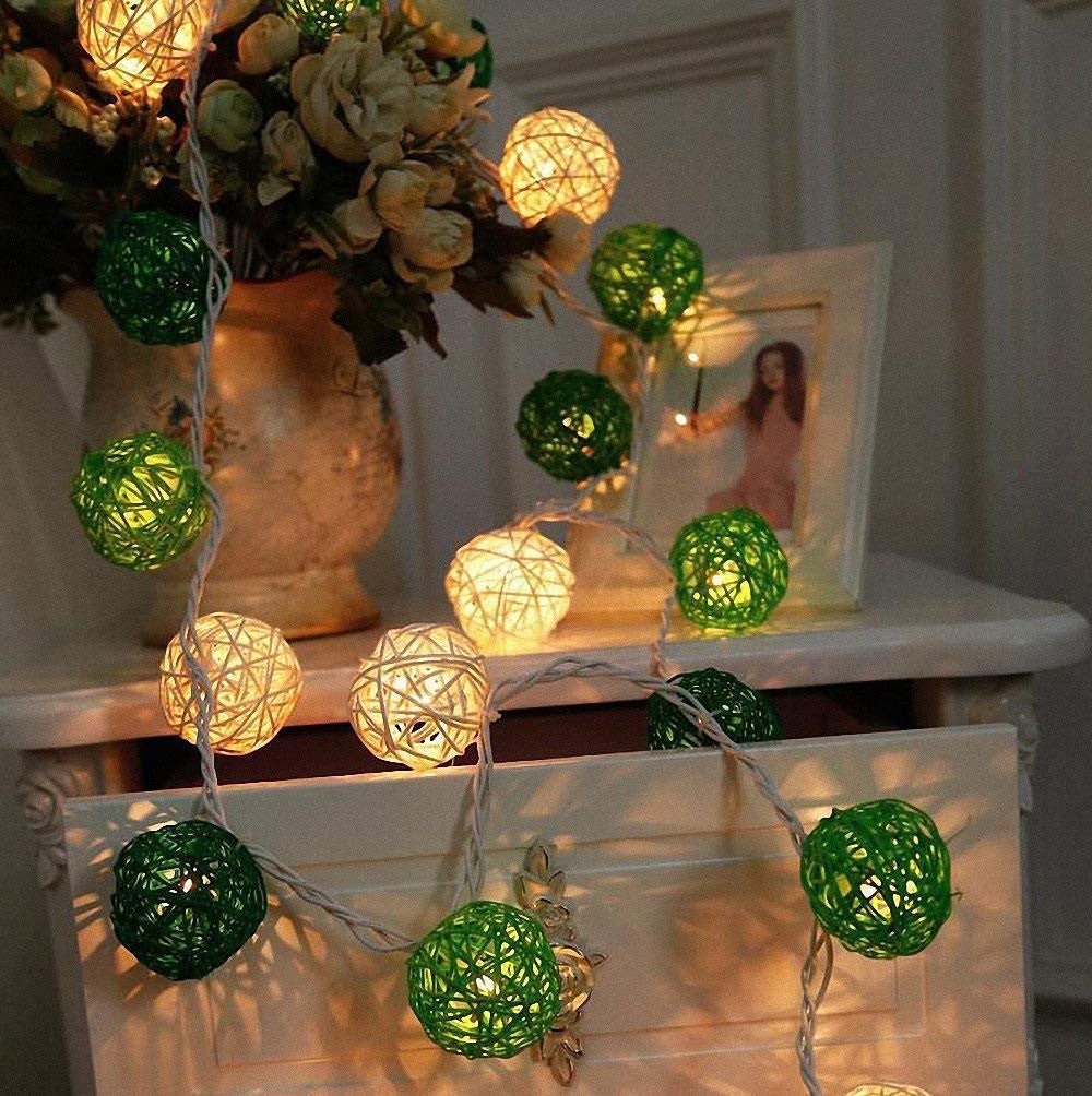 1 Set of Green n White 5cm Rattan Cane 20 Ball Battery Powered 3m String Lights Christmas Gift Home Wedding Party Bedroom Decoration Table Centrepiece - casaculinary