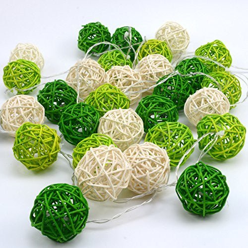 1 Set of Green n White 5cm Rattan Cane 20 Ball Battery Powered 3m String Lights Christmas Gift Home Wedding Party Bedroom Decoration Table Centrepiece - casaculinary