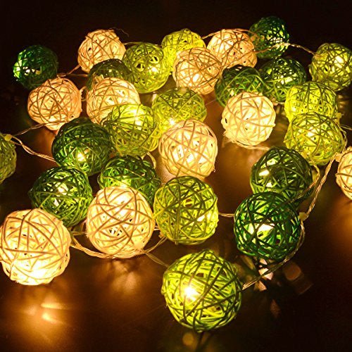 1 Set of Green n White 5cm Rattan Cane 20 Ball Battery Powered 3m String Lights Christmas Gift Home Wedding Party Bedroom Decoration Table Centrepiece - casaculinary