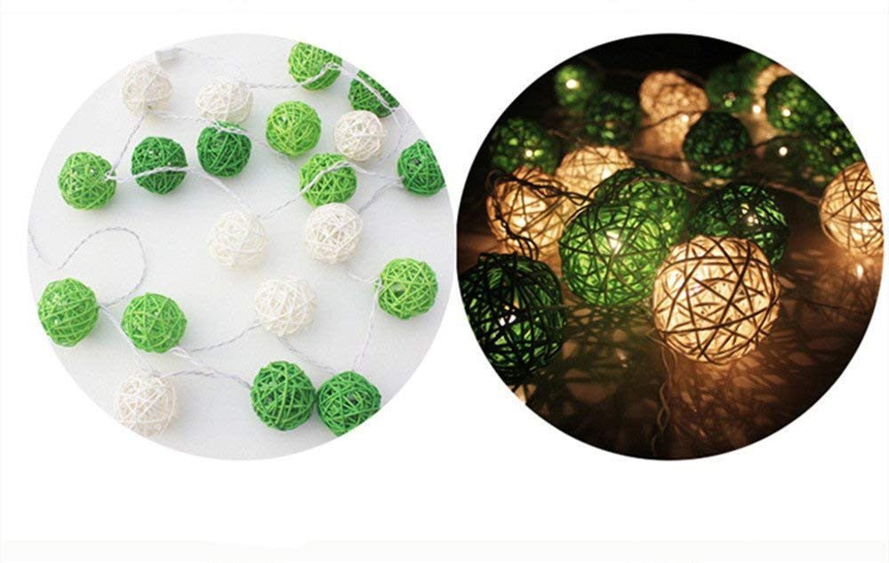 1 Set of Green n White 5cm Rattan Cane 20 Ball Battery Powered 3m String Lights Christmas Gift Home Wedding Party Bedroom Decoration Table Centrepiece - casaculinary