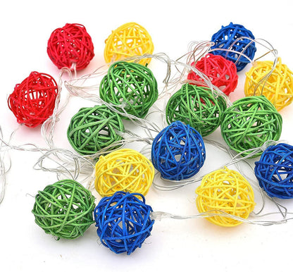 1 Set of Multi Coloured 5cm Rattan Cane 50 Ball Battery Powered LONG 5m String Lights Christmas Gift Home Wedding Party Bedroom Decoration Table Centrepiece - casaculinary