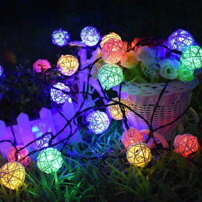 1 Set of Multi Coloured 5cm Rattan Cane 50 Ball Battery Powered LONG 5m String Lights Christmas Gift Home Wedding Party Bedroom Decoration Table Centrepiece - casaculinary