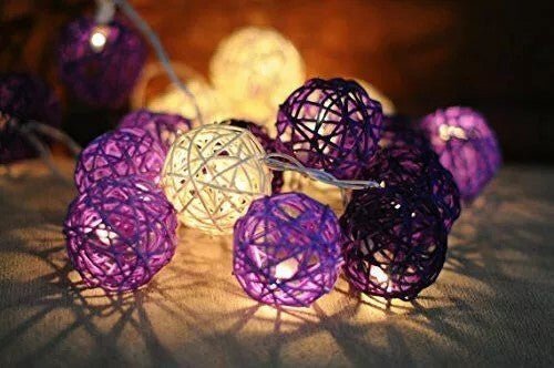 1 Set of Purple n White 5cm Rattan Cane 50 Ball Battery Powered LONG 5m String Lights Christmas Gift Home Wedding Party Bedroom Decoration Table Centrepiece - casaculinary