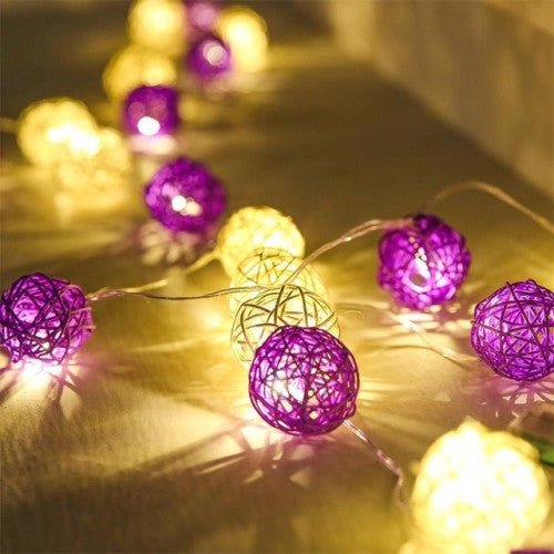 1 Set of Purple n White 5cm Rattan Cane 50 Ball Battery Powered LONG 5m String Lights Christmas Gift Home Wedding Party Bedroom Decoration Table Centrepiece - casaculinary