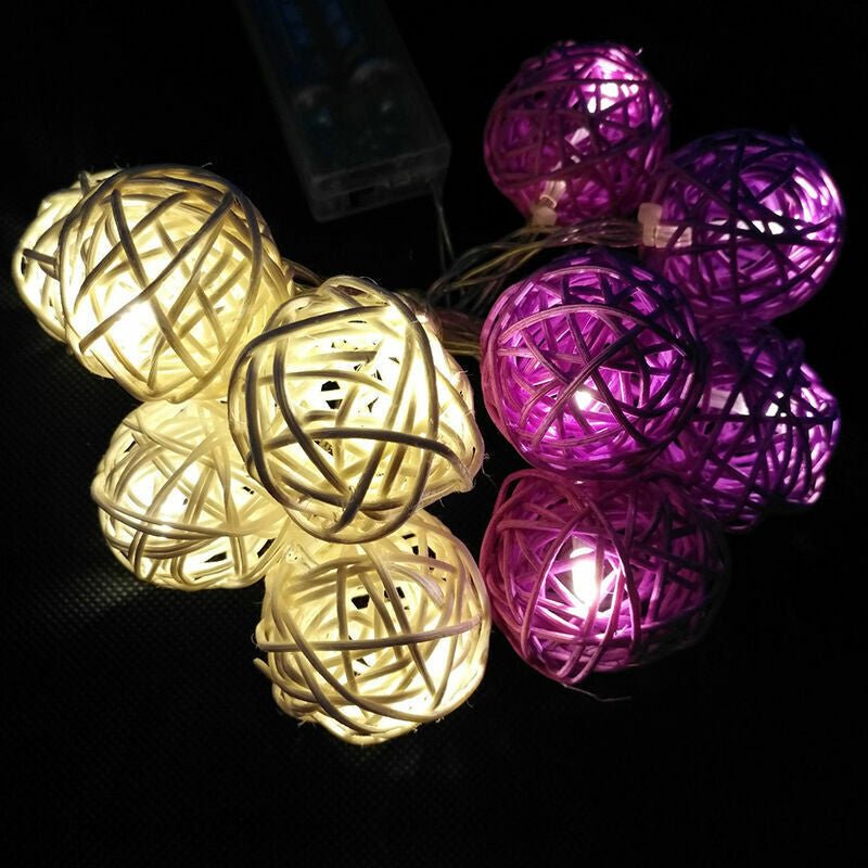 1 Set of Purple n White 5cm Rattan Cane 50 Ball Battery Powered LONG 5m String Lights Christmas Gift Home Wedding Party Bedroom Decoration Table Centrepiece - casaculinary