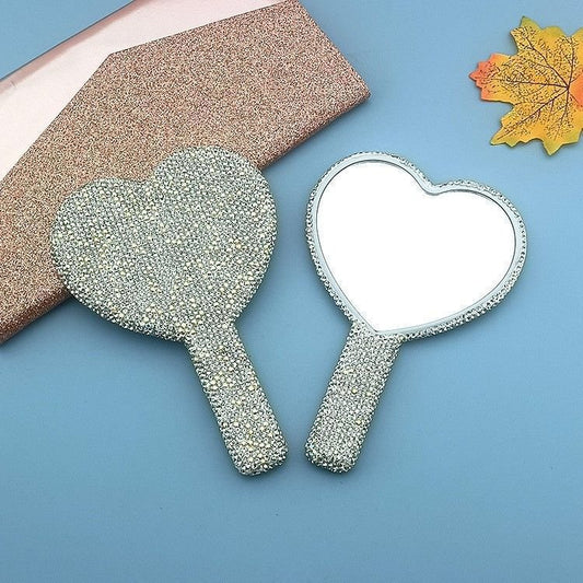 2PCS White Glamorous Diamond - Encrusted Heart Handheld Mirror - Luxe High - Definition Makeup Essential - casaculinary