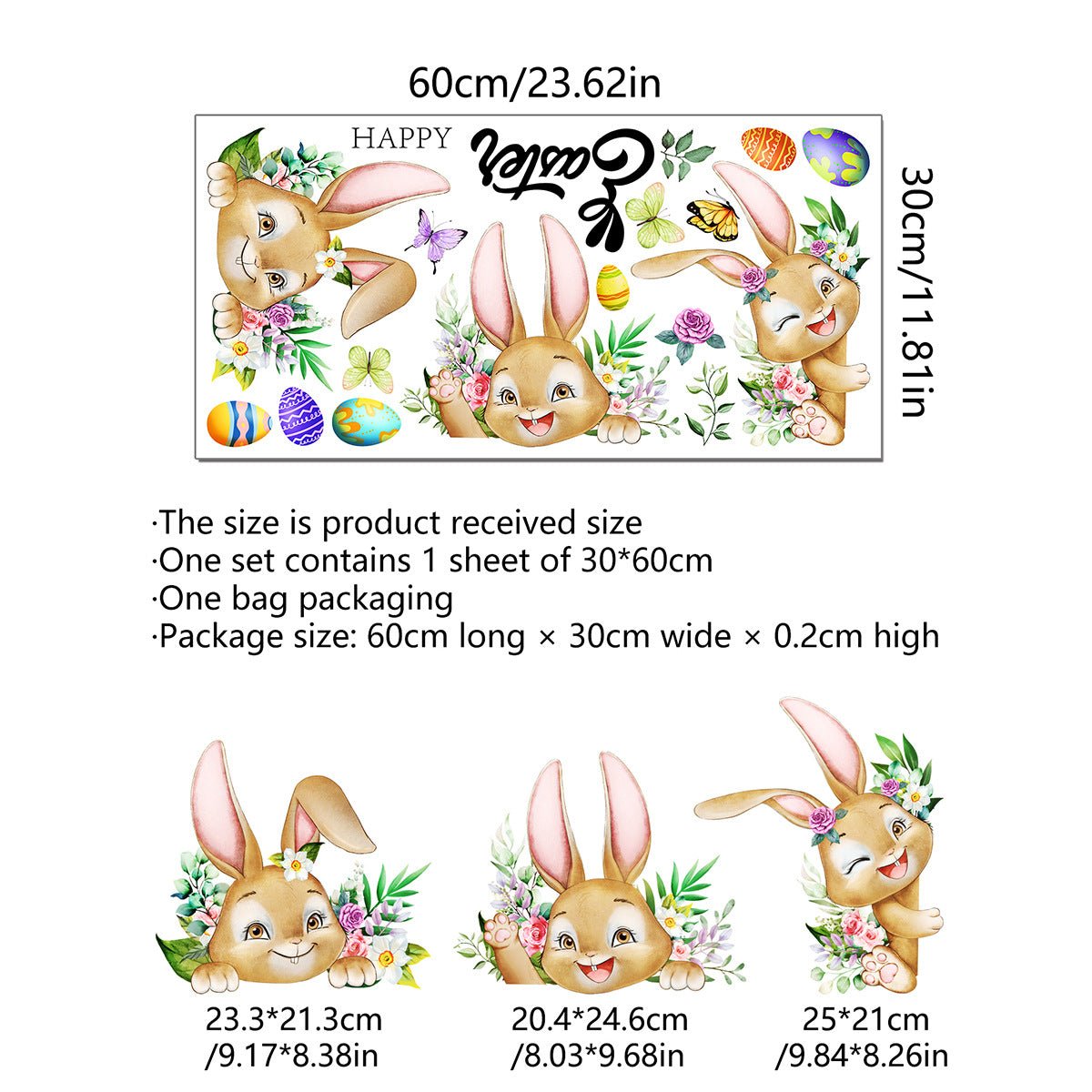 3 Sheet， Creative Easter Bunny & Egg Window Decal - Adhesive Wall Stickers for Living Room & Bedroom (60cm x 30cm) - casaculinary