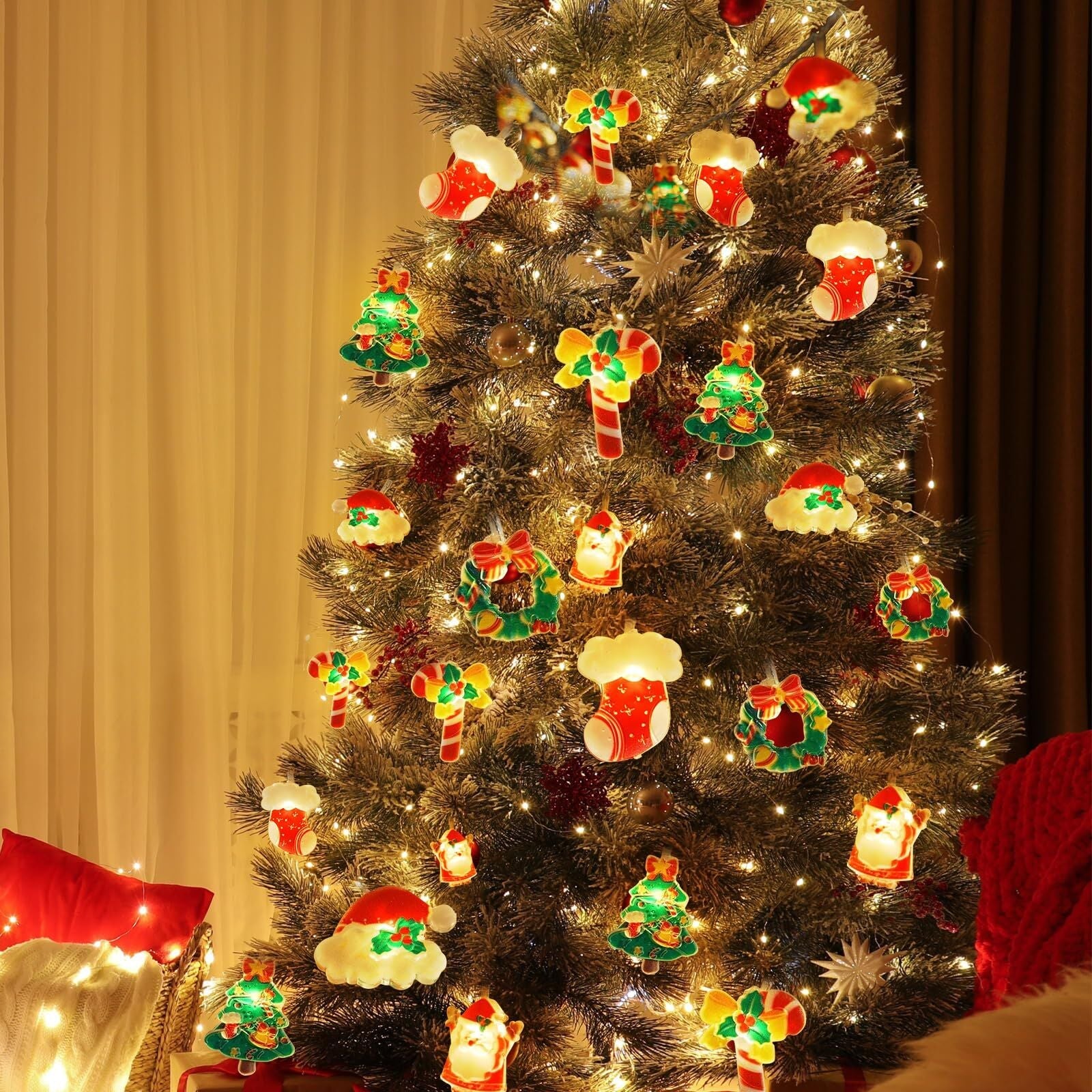 3M 20 - LED Christmas Fairy String Lights: Santa/Snowman/Wreath Battery - Powered Warm White Decor for Home/Party - casaculinary