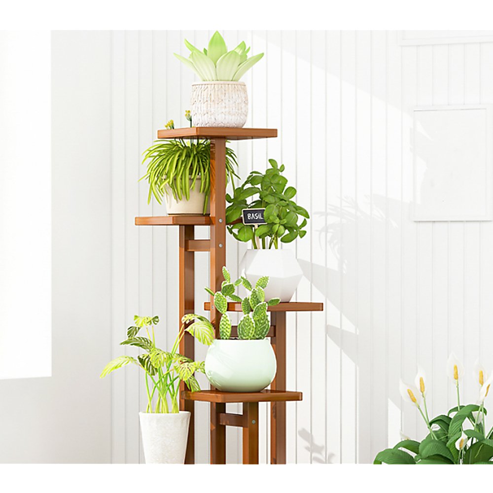 5 Tiers Vertical Bamboo Plant Stand Staged Flower Shelf Rack Outdoor Garden