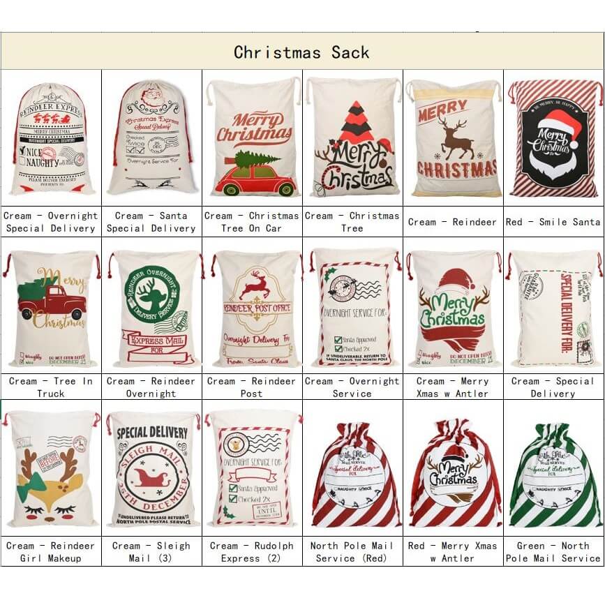 50x70cm Canvas Hessian Christmas Santa Sack Xmas Stocking Reindeer Kids Gift Bag, Cream - Christmas Tree 