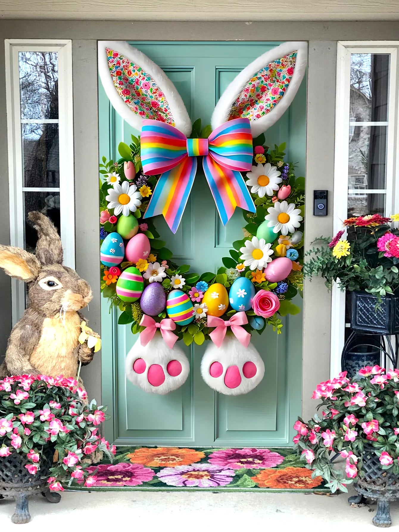Easter Bunny Door Cover | Plush Wreath & Egg Ribbon Porch Decor