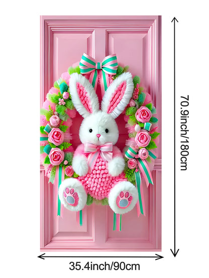 Easter Bunny Door Cover | Plush Wreath & Egg Ribbon Porch Decor