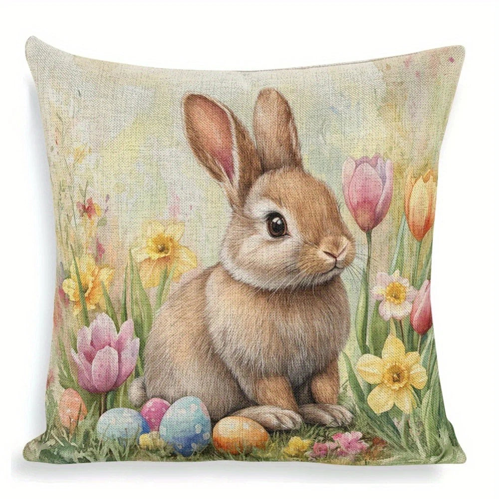 Happy Easter Pillow Cover | Farmhouse Rabbit & Tulip Decor