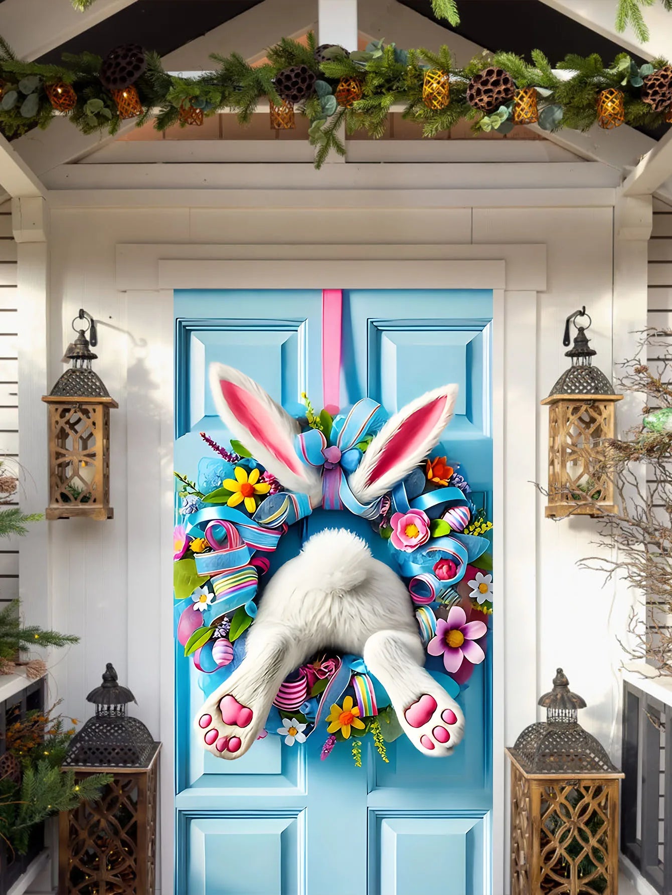 Easter Bunny Door Cover | Plush Wreath & Egg Ribbon Porch Decor
